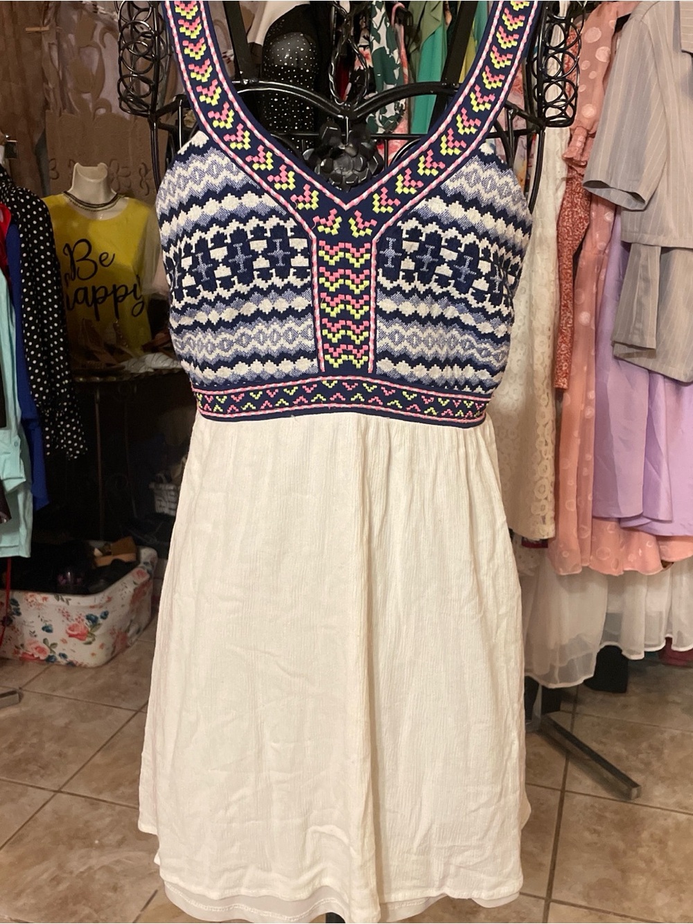 Flying Tomato Navy, White and Pink Embroidered Mini Dress